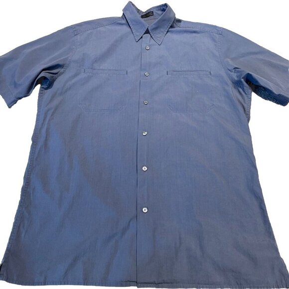 Vintage 80s DKNY Button Up Shirt Men's M Blue Short Sleeve 100% Cotton Pockets - Picture 1 of 10